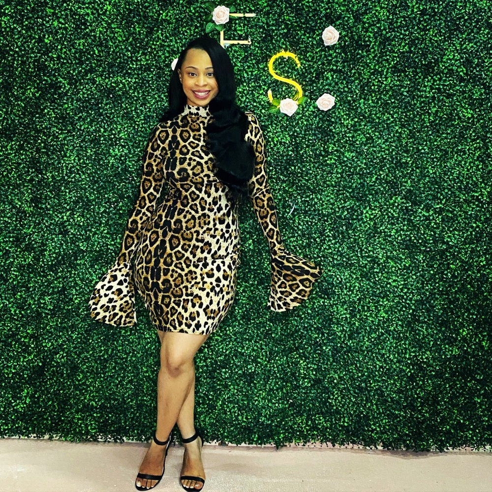 Leoapard Bell Sleeve Fall Knee Length Dress